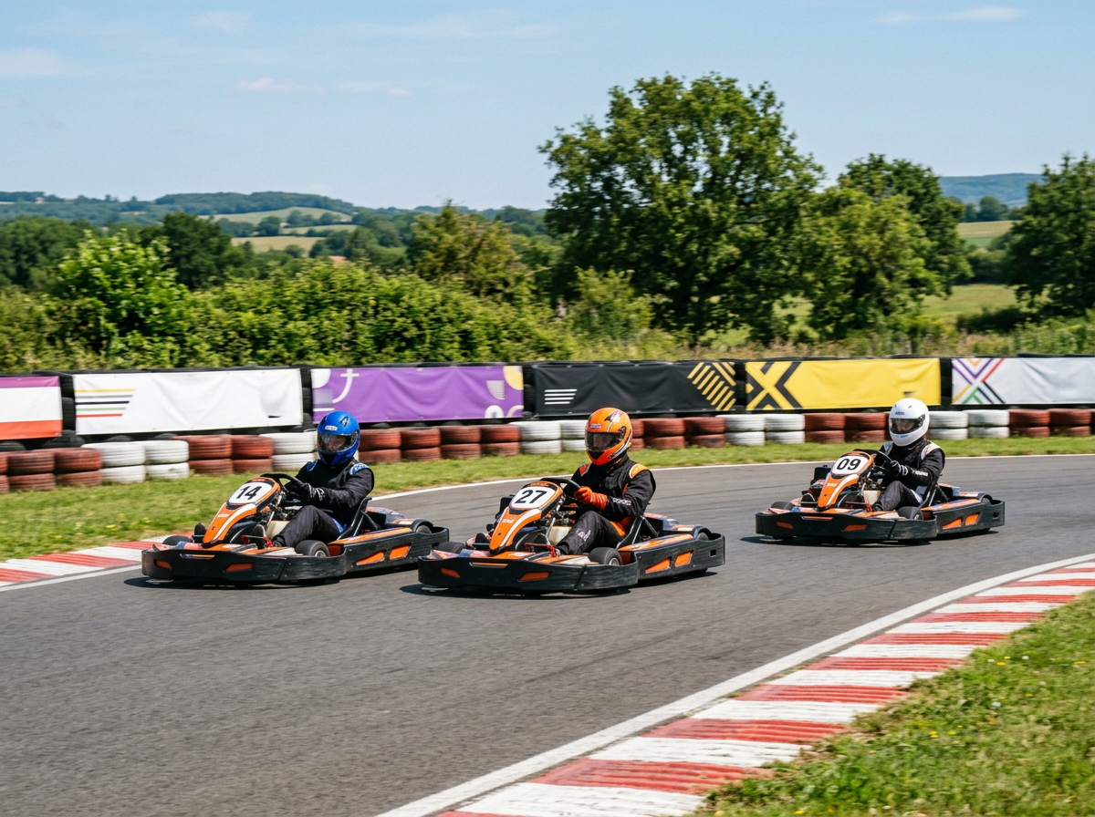 Karts passant devant des panneaux partenaires en bord de piste